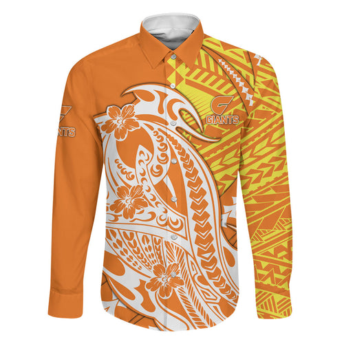 Personalized Greater Western Sydney Giants Family Matching Off Shoulder Short Dress and Hawaiian Shirt Polynesian Tribal Giant Mascot With Hibiscus Floral Art