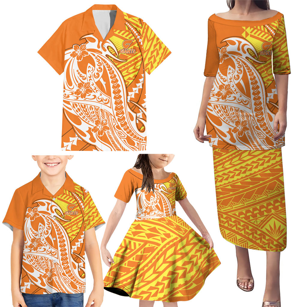Personalized Greater Western Sydney Giants Family Matching Puletasi and Hawaiian Shirt Polynesian Tribal Giant Mascot With Hibiscus Floral Art