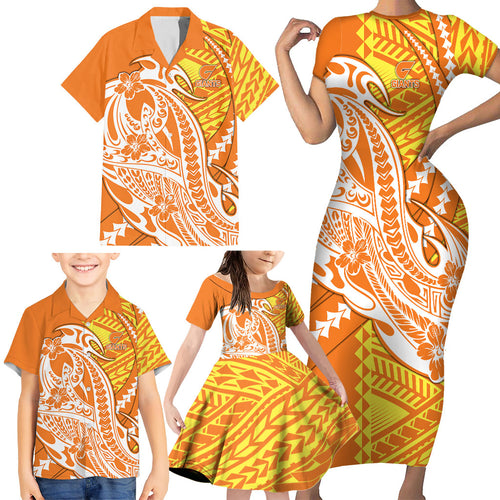 Personalized Greater Western Sydney Giants Family Matching Short Sleeve Bodycon Dress and Hawaiian Shirt Polynesian Tribal Giant Mascot With Hibiscus Floral Art