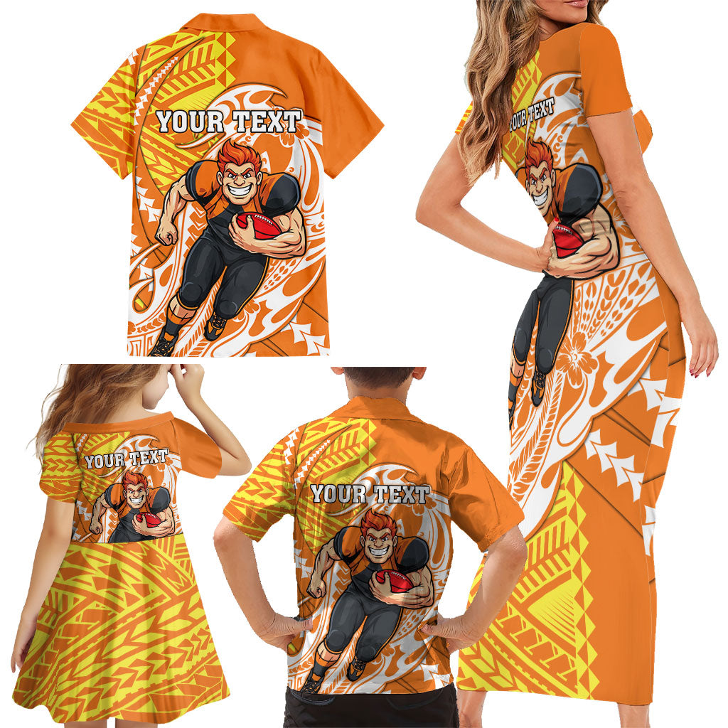 Personalized Greater Western Sydney Giants Family Matching Short Sleeve Bodycon Dress and Hawaiian Shirt Polynesian Tribal Giant Mascot With Hibiscus Floral Art