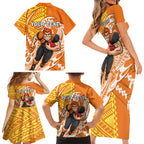 Personalized Greater Western Sydney Giants Family Matching Short Sleeve Bodycon Dress and Hawaiian Shirt Polynesian Tribal Giant Mascot With Hibiscus Floral Art