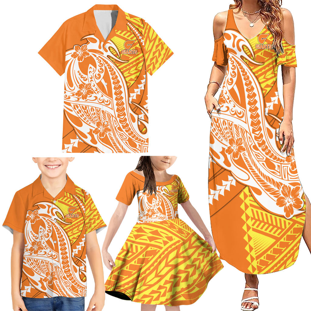 Personalized Greater Western Sydney Giants Family Matching Summer Maxi Dress and Hawaiian Shirt Polynesian Tribal Giant Mascot With Hibiscus Floral Art