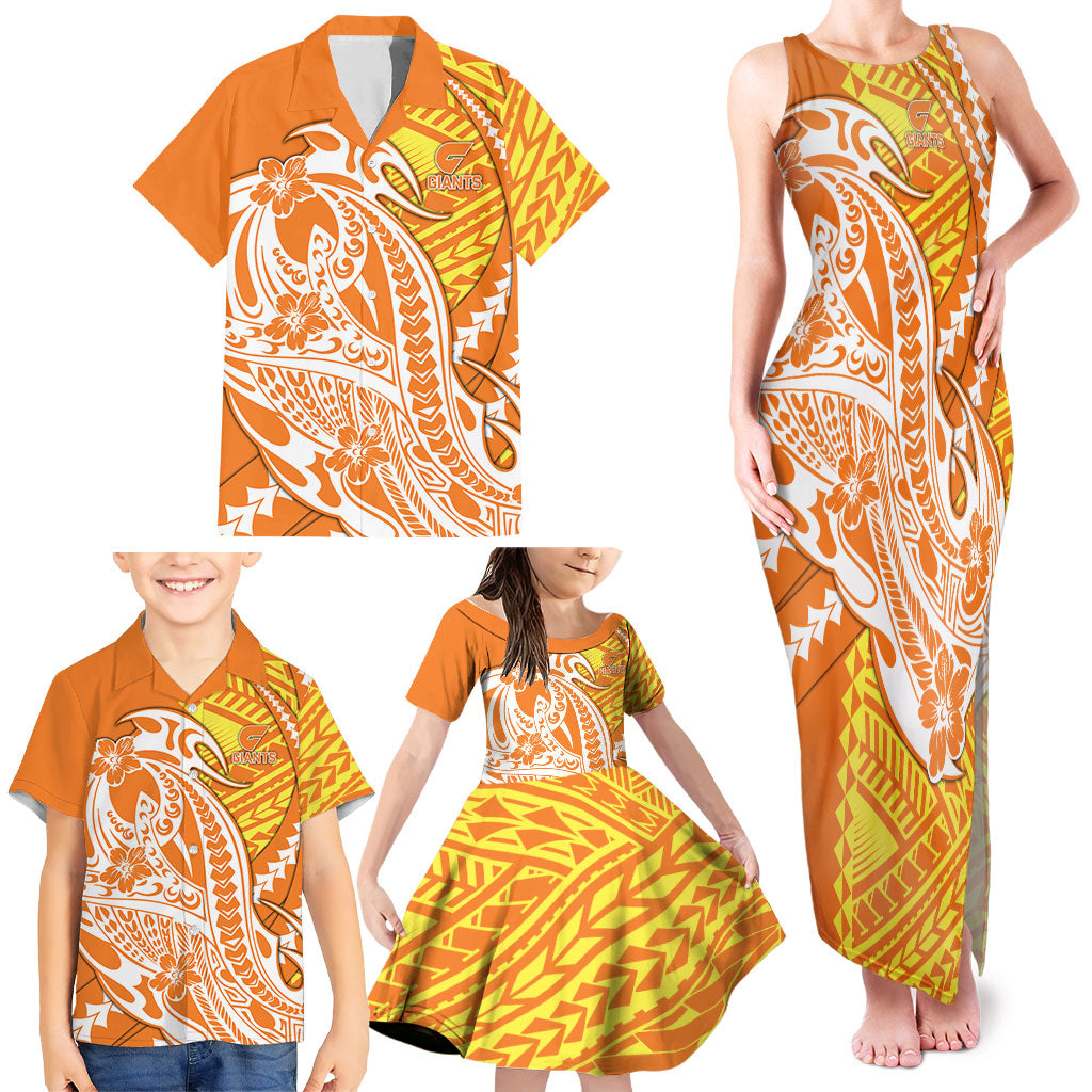 Personalized Greater Western Sydney Giants Family Matching Tank Maxi Dress and Hawaiian Shirt Polynesian Tribal Giant Mascot With Hibiscus Floral Art