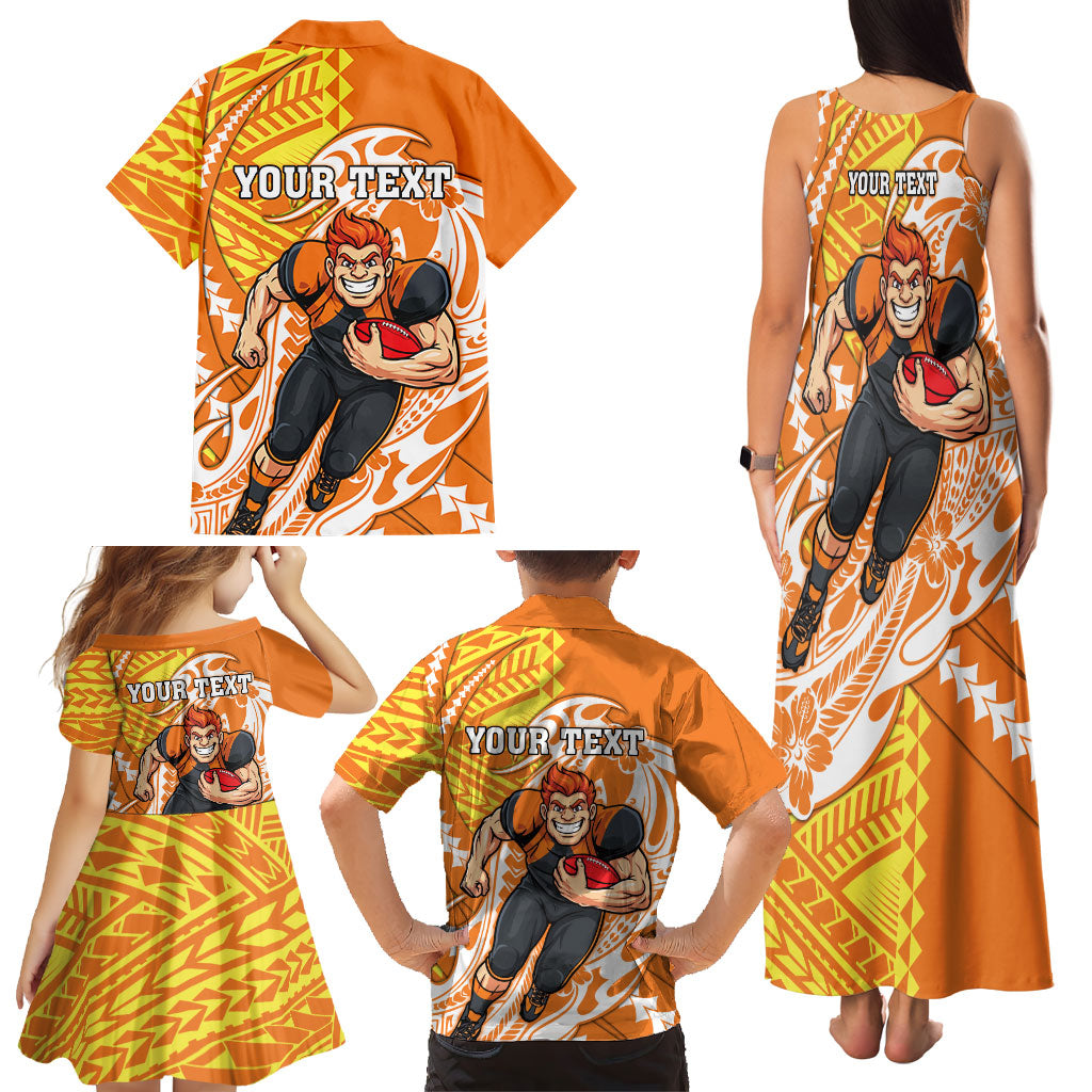 Personalized Greater Western Sydney Giants Family Matching Tank Maxi Dress and Hawaiian Shirt Polynesian Tribal Giant Mascot With Hibiscus Floral Art