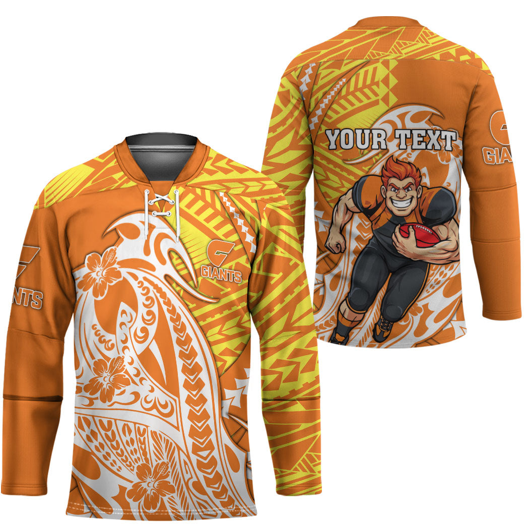 Personalized Greater Western Sydney Giants Hockey Jersey Polynesian Tribal Giant Mascot With Hibiscus Floral Art