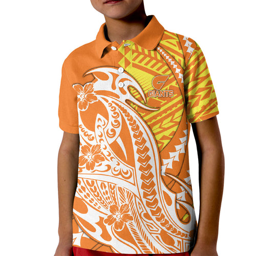 Personalized Greater Western Sydney Giants Kid Polo Shirt Polynesian Tribal Giant Mascot With Hibiscus Floral Art