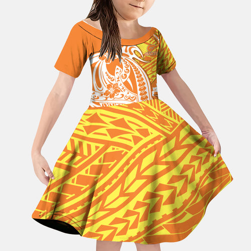 Personalized Greater Western Sydney Giants Kid Short Sleeve Dress Polynesian Tribal Giant Mascot With Hibiscus Floral Art