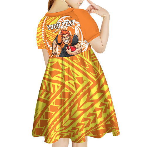 Personalized Greater Western Sydney Giants Kid Short Sleeve Dress Polynesian Tribal Giant Mascot With Hibiscus Floral Art