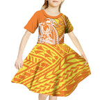 Personalized Greater Western Sydney Giants Kid Short Sleeve Dress Polynesian Tribal Giant Mascot With Hibiscus Floral Art