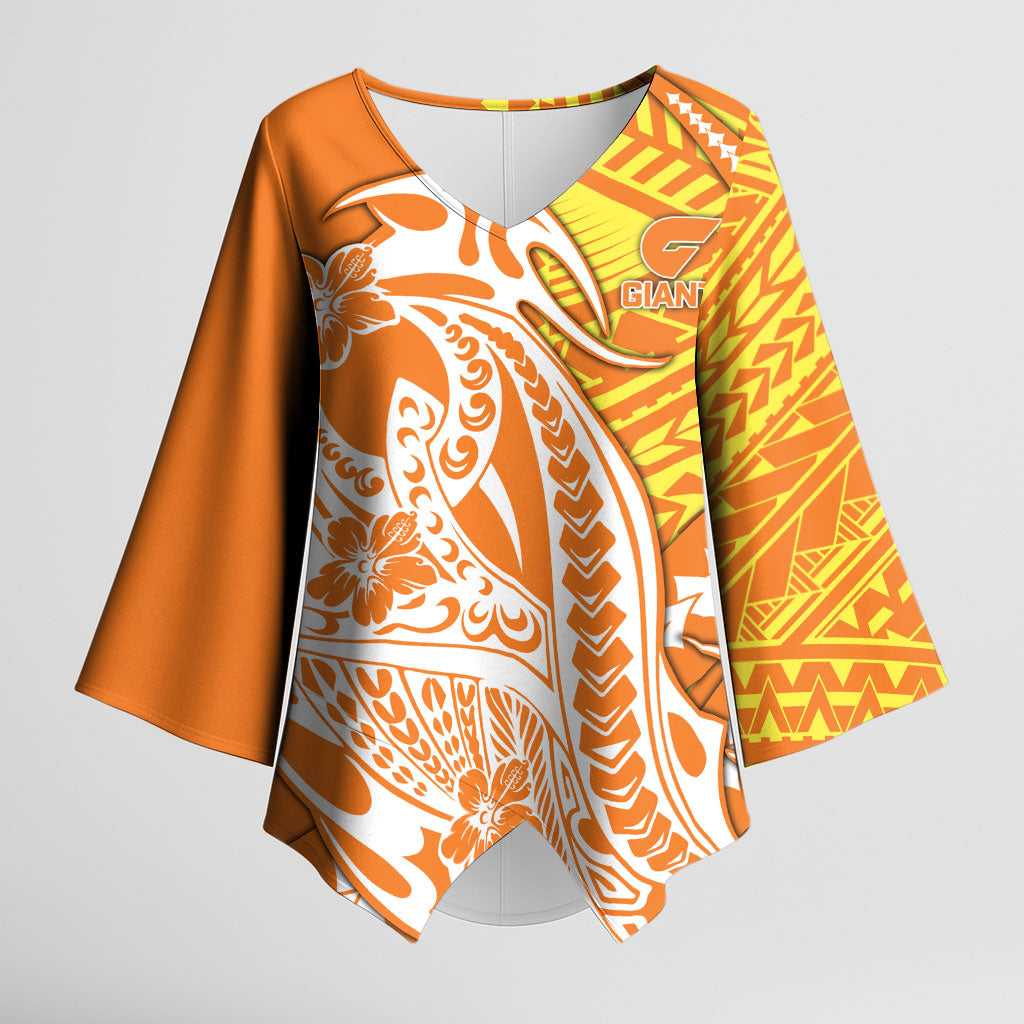 Personalized Greater Western Sydney Giants Kimono Sleeve Blouse Polynesian Tribal Giant Mascot With Hibiscus Floral Art