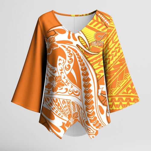 Personalized Greater Western Sydney Giants Kimono Sleeve Blouse Polynesian Tribal Giant Mascot With Hibiscus Floral Art