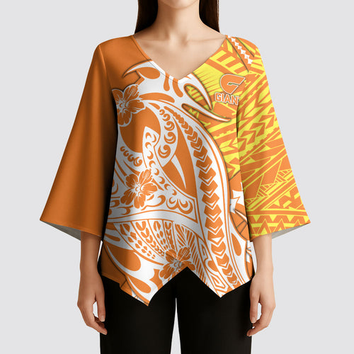 Personalized Greater Western Sydney Giants Kimono Sleeve Blouse Polynesian Tribal Giant Mascot With Hibiscus Floral Art