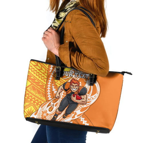Personalized Greater Western Sydney Giants Leather Tote Bag Polynesian Tribal Giant Mascot With Hibiscus Floral Art