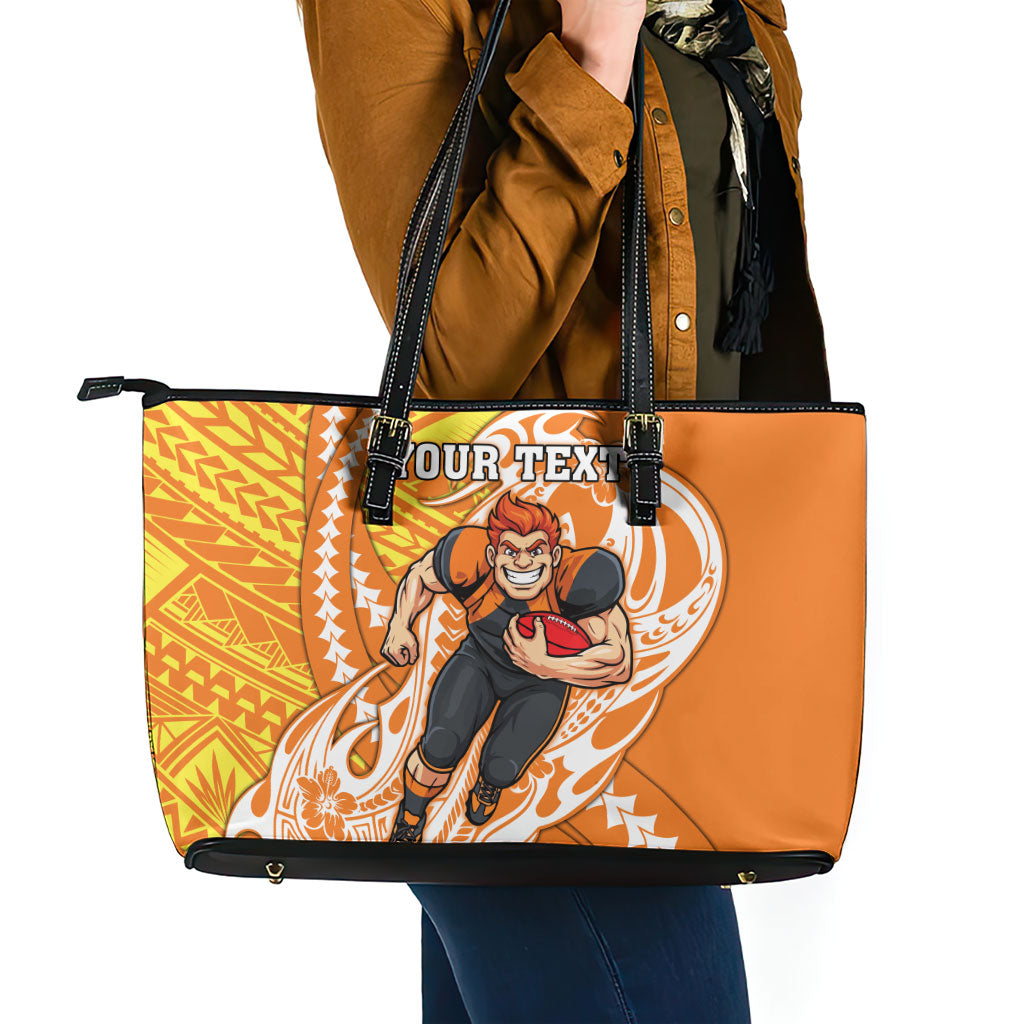 Personalized Greater Western Sydney Giants Leather Tote Bag Polynesian Tribal Giant Mascot With Hibiscus Floral Art