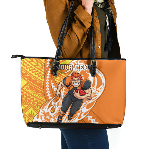 Personalized Greater Western Sydney Giants Leather Tote Bag Polynesian Tribal Giant Mascot With Hibiscus Floral Art