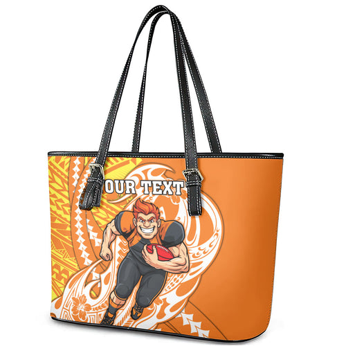 Personalized Greater Western Sydney Giants Leather Tote Bag Polynesian Tribal Giant Mascot With Hibiscus Floral Art