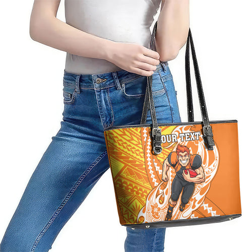 Personalized Greater Western Sydney Giants Leather Tote Bag Polynesian Tribal Giant Mascot With Hibiscus Floral Art