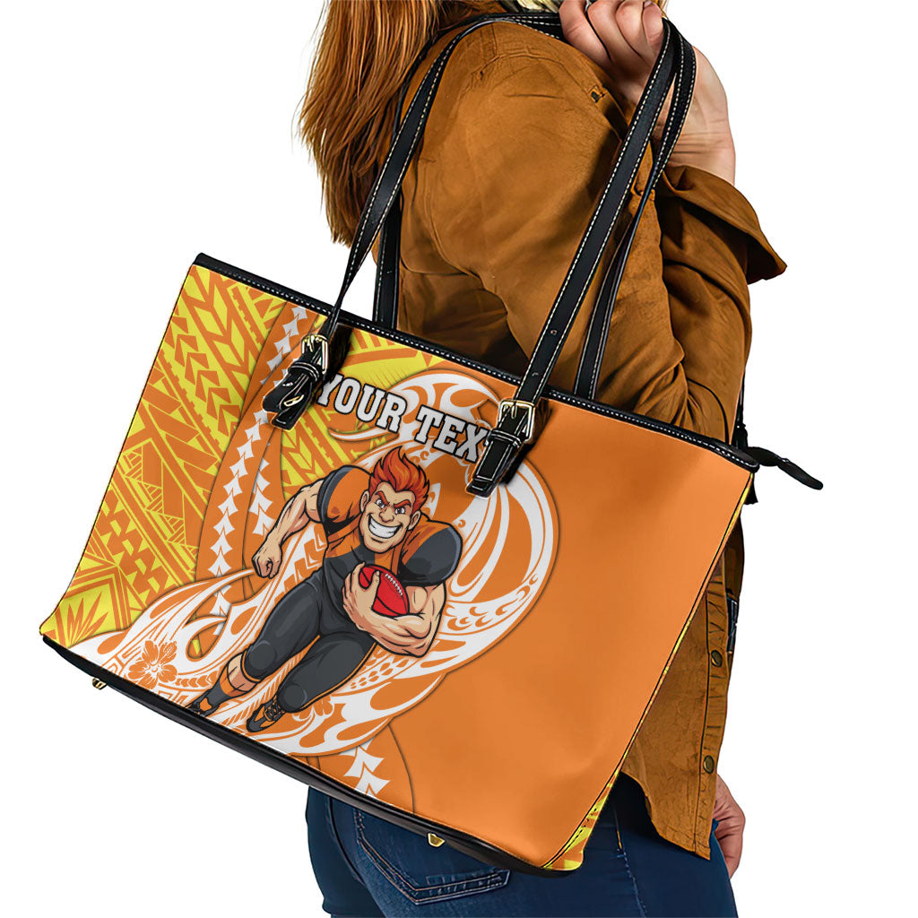 Personalized Greater Western Sydney Giants Leather Tote Bag Polynesian Tribal Giant Mascot With Hibiscus Floral Art