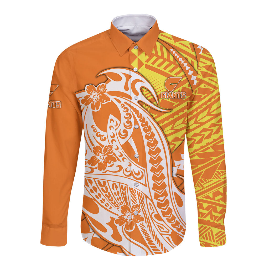 Personalized Greater Western Sydney Giants Long Sleeve Button Shirt Polynesian Tribal Giant Mascot With Hibiscus Floral Art