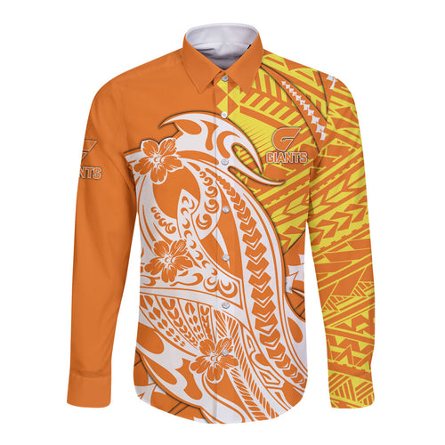 Personalized Greater Western Sydney Giants Long Sleeve Button Shirt Polynesian Tribal Giant Mascot With Hibiscus Floral Art