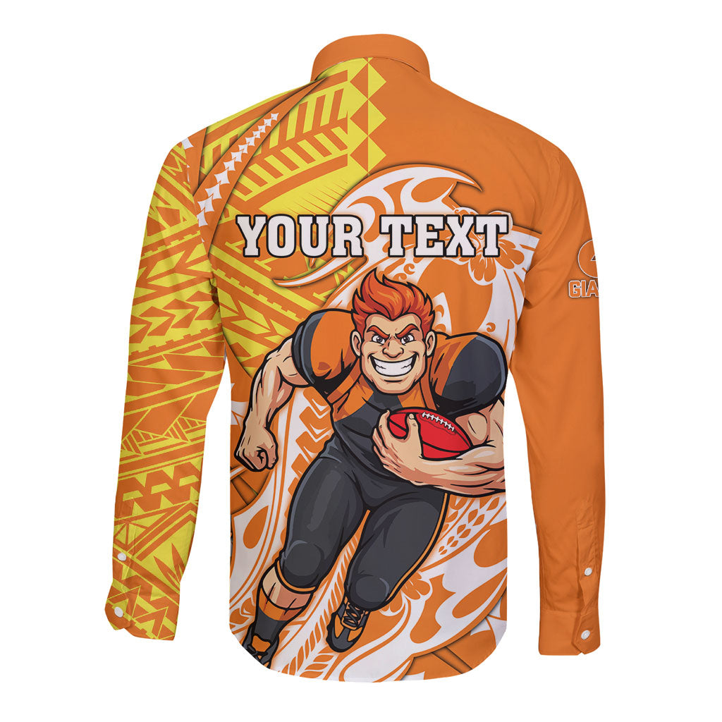 Personalized Greater Western Sydney Giants Long Sleeve Button Shirt Polynesian Tribal Giant Mascot With Hibiscus Floral Art