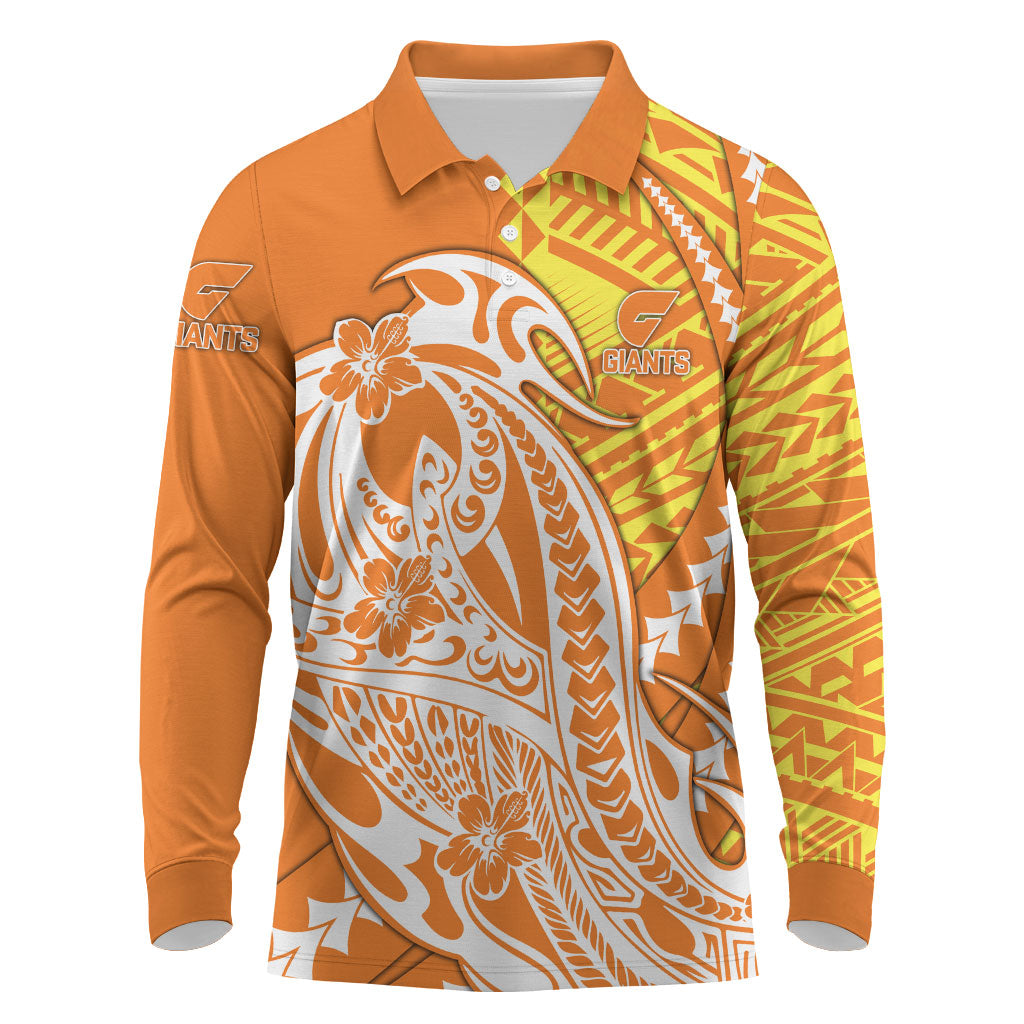 Personalized Greater Western Sydney Giants Long Sleeve Polo Shirt Polynesian Tribal Giant Mascot With Hibiscus Floral Art