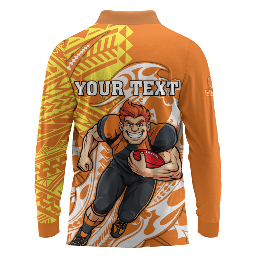 Personalized Greater Western Sydney Giants Long Sleeve Polo Shirt Polynesian Tribal Giant Mascot With Hibiscus Floral Art