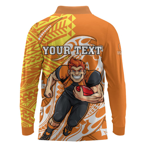 Personalized Greater Western Sydney Giants Long Sleeve Polo Shirt Polynesian Tribal Giant Mascot With Hibiscus Floral Art