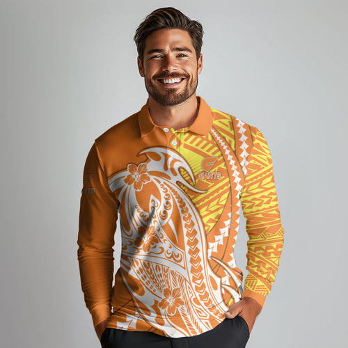 Personalized Greater Western Sydney Giants Long Sleeve Polo Shirt Polynesian Tribal Giant Mascot With Hibiscus Floral Art