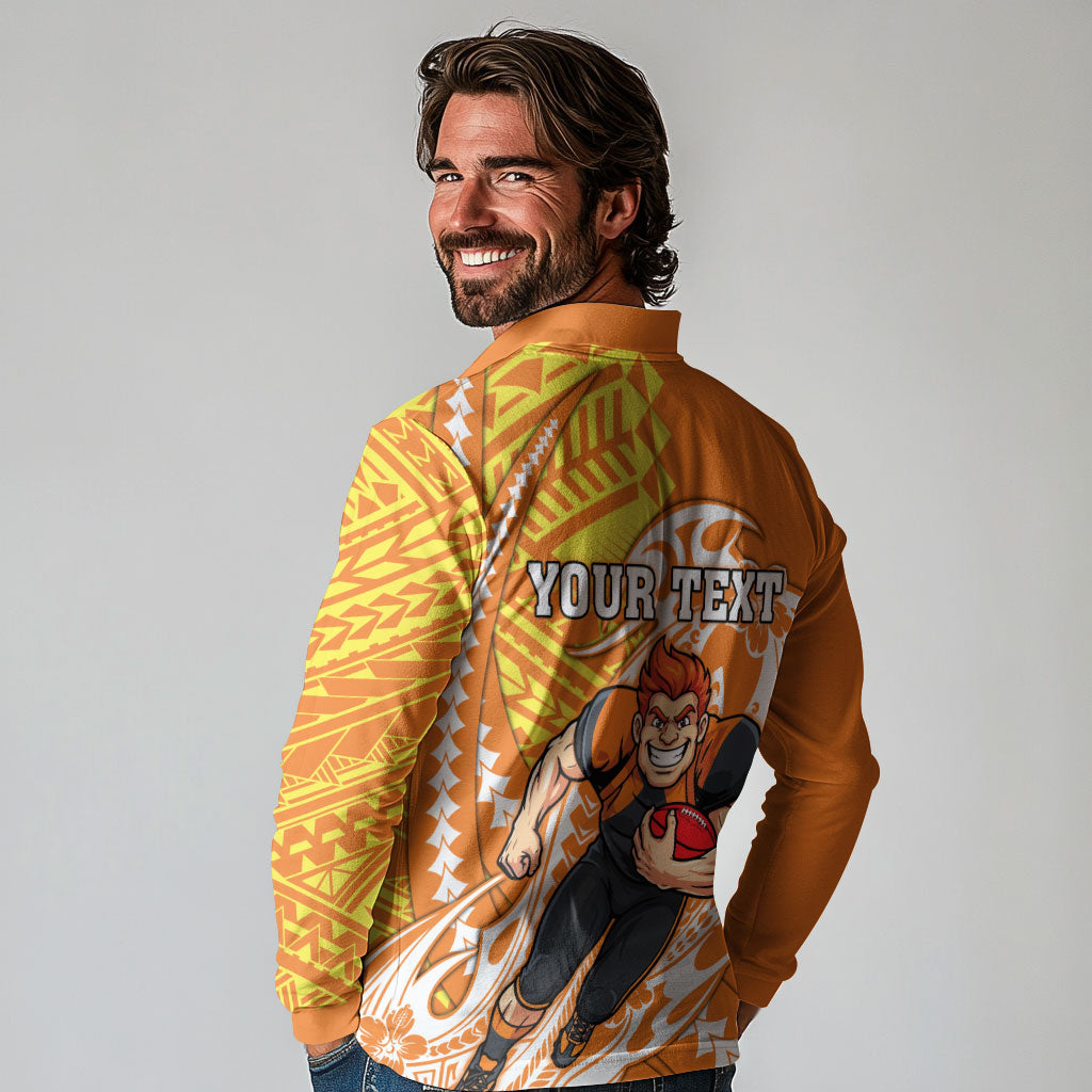 Personalized Greater Western Sydney Giants Long Sleeve Polo Shirt Polynesian Tribal Giant Mascot With Hibiscus Floral Art