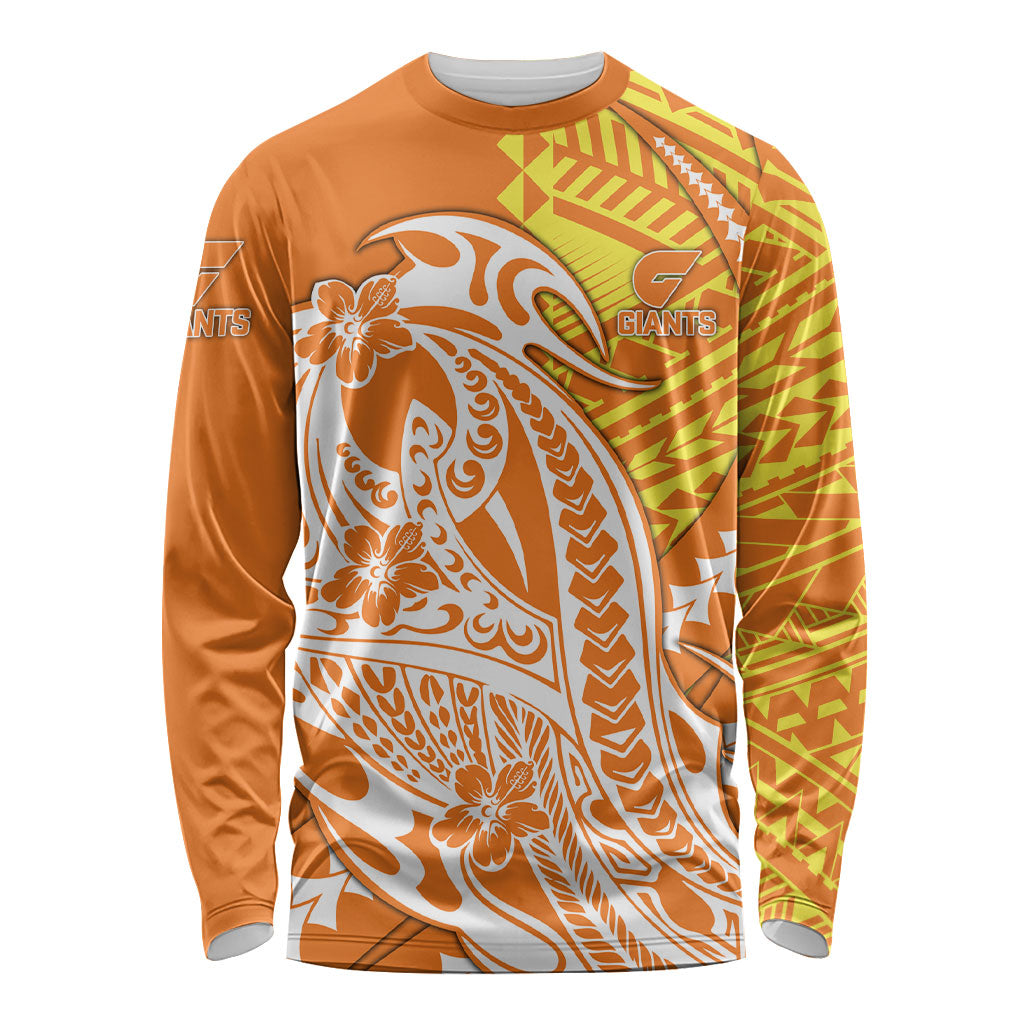 Personalized Greater Western Sydney Giants Long Sleeve Shirt Polynesian Tribal Giant Mascot With Hibiscus Floral Art