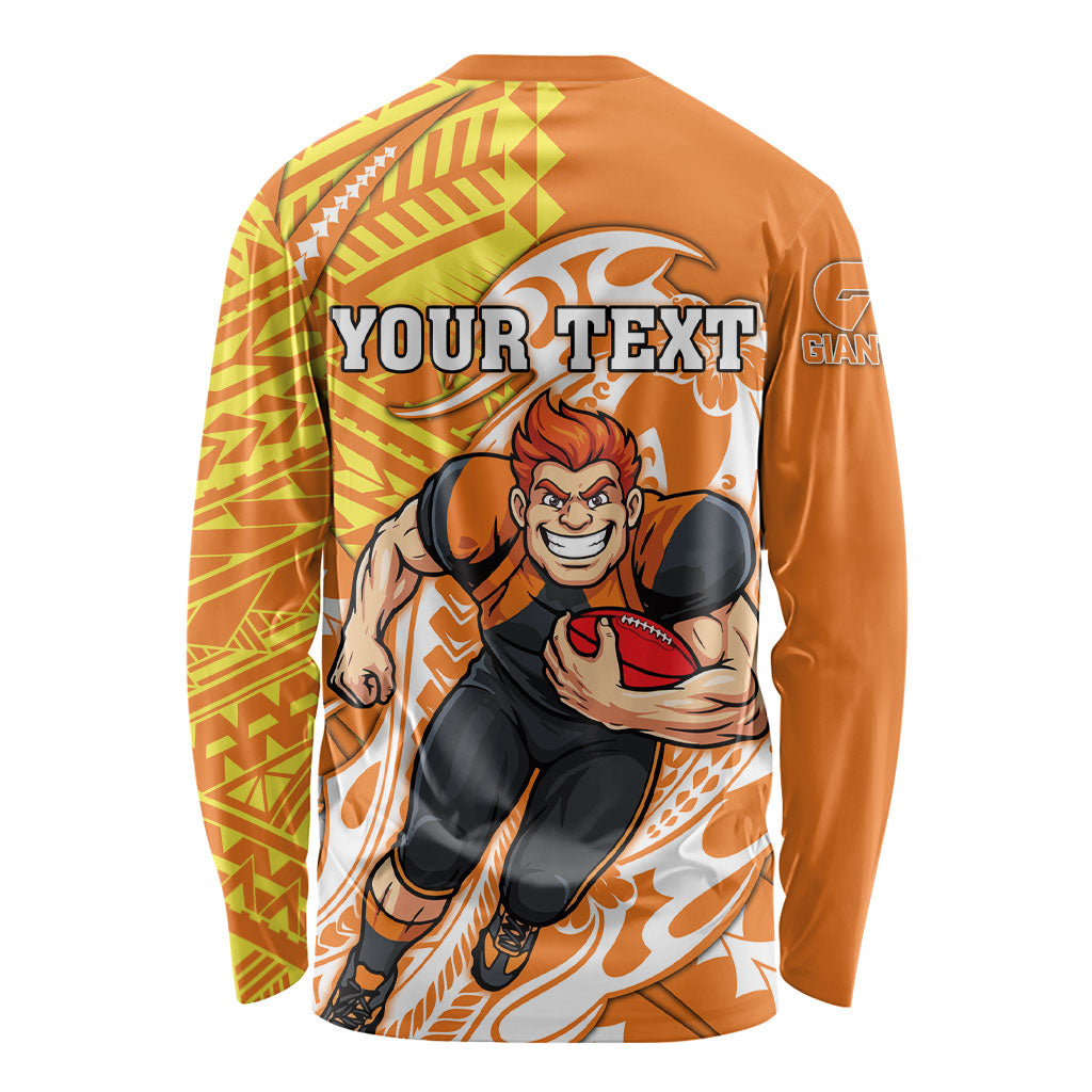 Personalized Greater Western Sydney Giants Long Sleeve Shirt Polynesian Tribal Giant Mascot With Hibiscus Floral Art