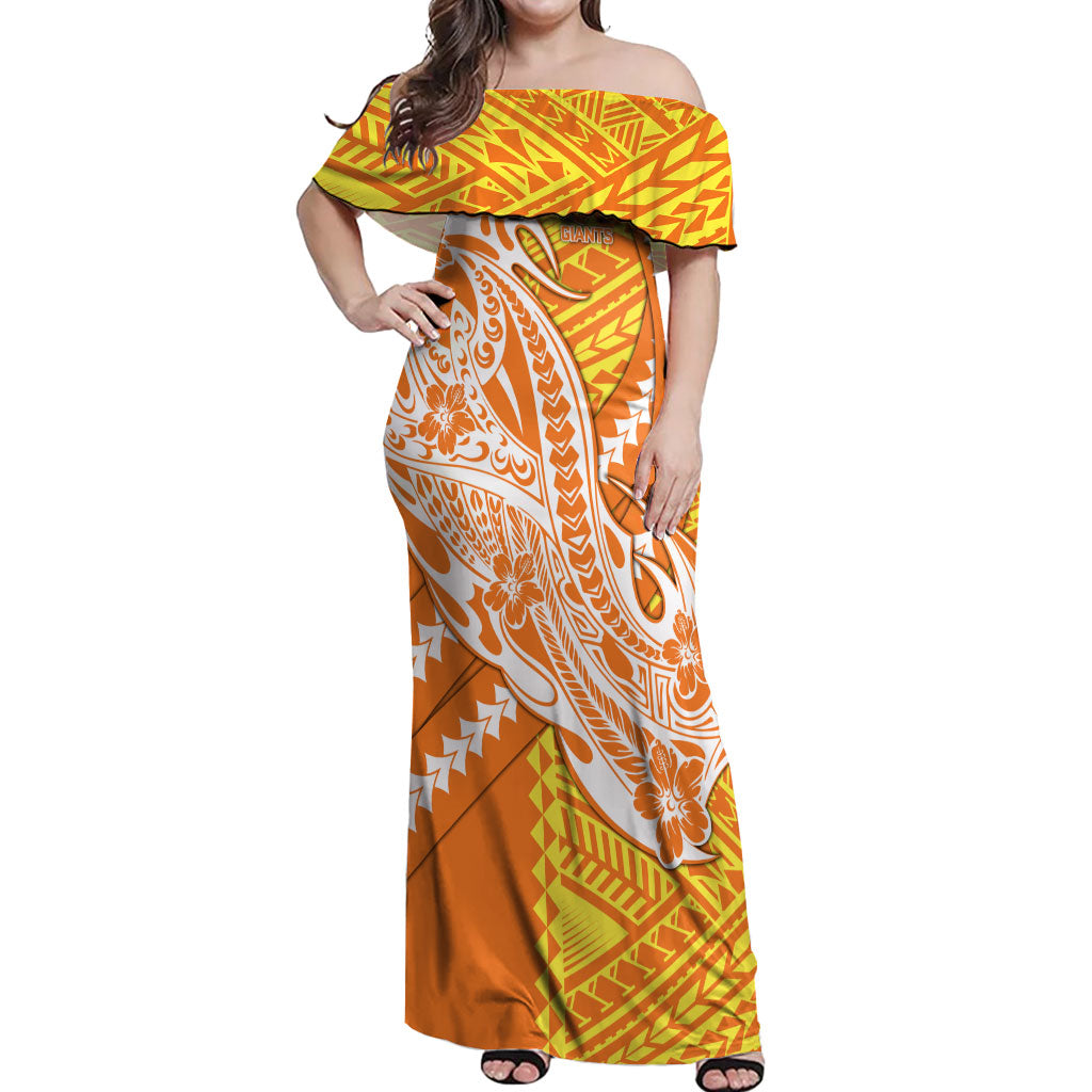 Personalized Greater Western Sydney Giants Off Shoulder Maxi Dress Polynesian Tribal Giant Mascot With Hibiscus Floral Art