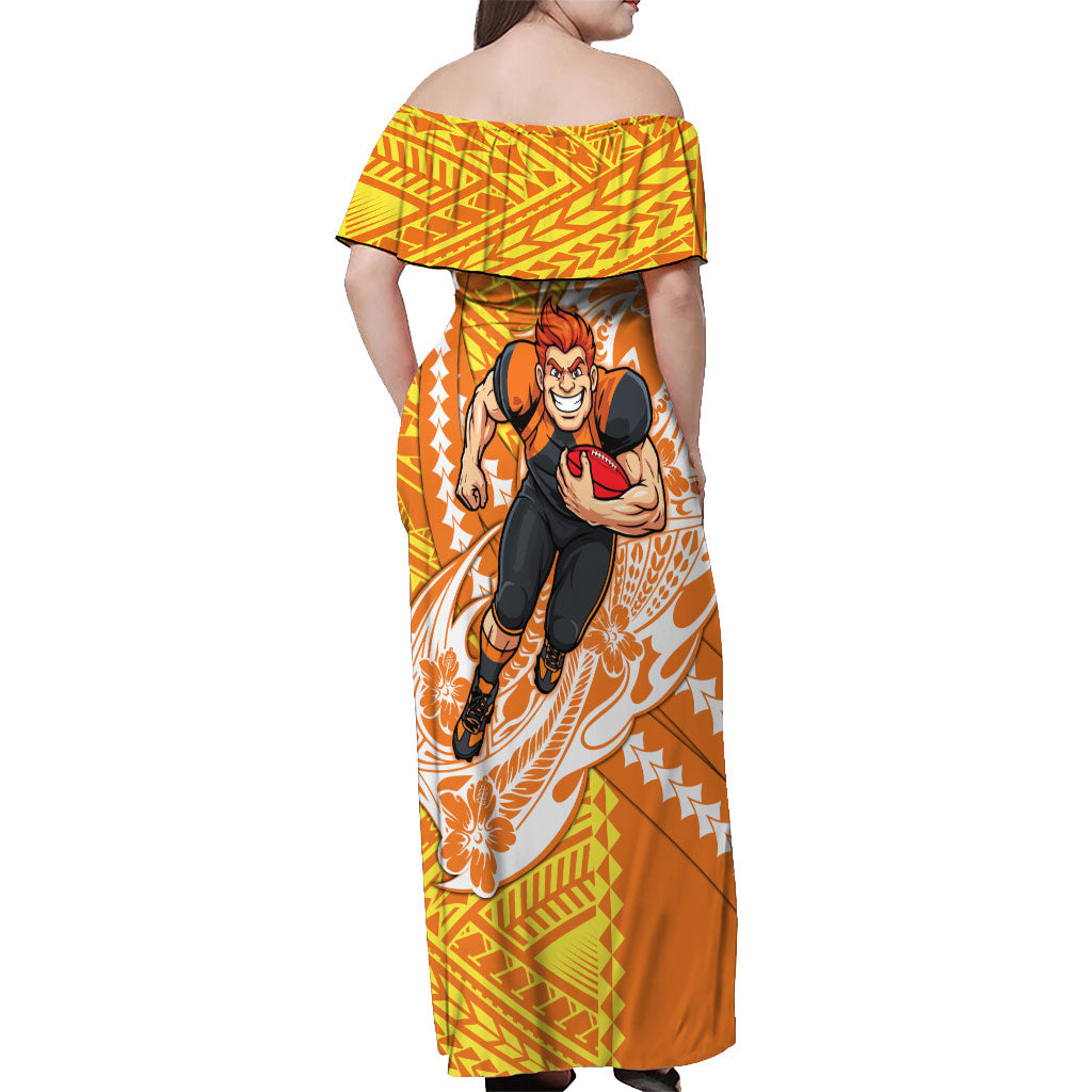 Personalized Greater Western Sydney Giants Off Shoulder Maxi Dress Polynesian Tribal Giant Mascot With Hibiscus Floral Art