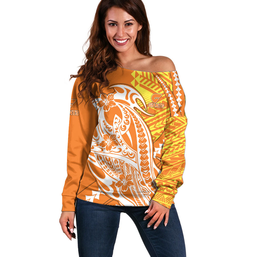 Personalized Greater Western Sydney Giants Off Shoulder Sweater Polynesian Tribal Giant Mascot With Hibiscus Floral Art