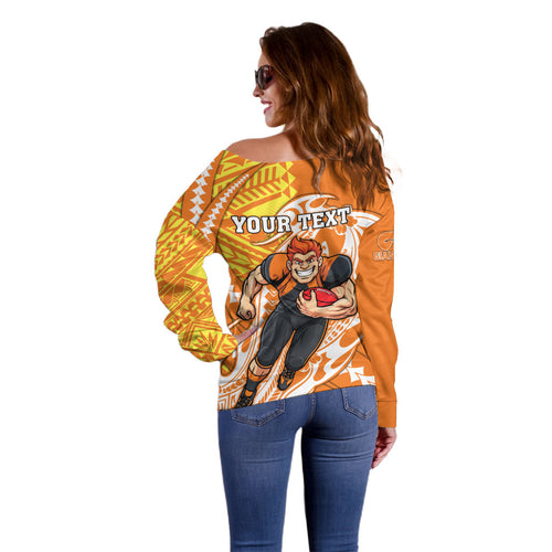Personalized Greater Western Sydney Giants Off Shoulder Sweater Polynesian Tribal Giant Mascot With Hibiscus Floral Art