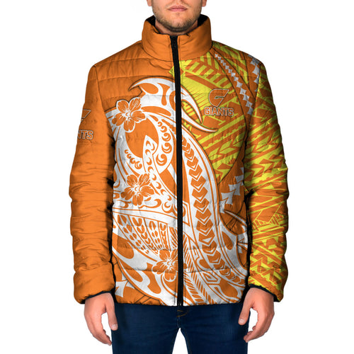 Personalized Greater Western Sydney Giants Padded Jacket Polynesian Tribal Giant Mascot With Hibiscus Floral Art