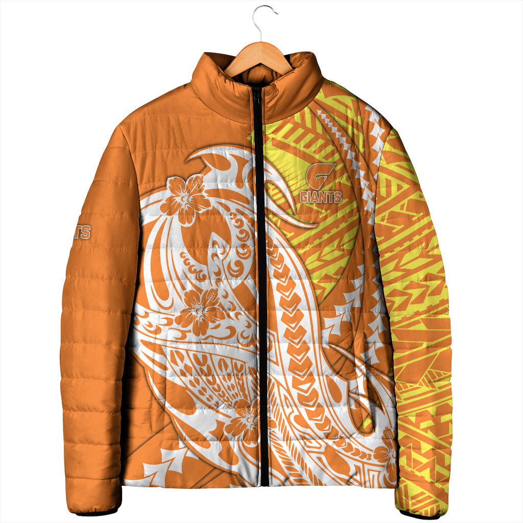 Personalized Greater Western Sydney Giants Padded Jacket Polynesian Tribal Giant Mascot With Hibiscus Floral Art