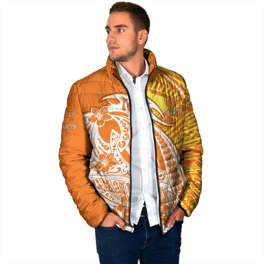 Personalized Greater Western Sydney Giants Padded Jacket Polynesian Tribal Giant Mascot With Hibiscus Floral Art