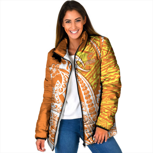 Personalized Greater Western Sydney Giants Padded Jacket Polynesian Tribal Giant Mascot With Hibiscus Floral Art