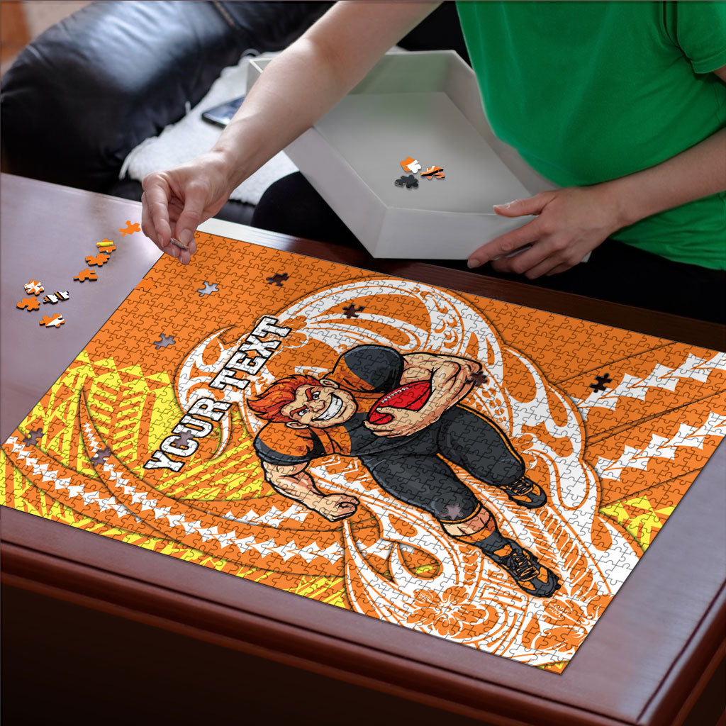 Personalized Greater Western Sydney Giants Puzzle Polynesian Tribal Giant Mascot With Hibiscus Floral Art