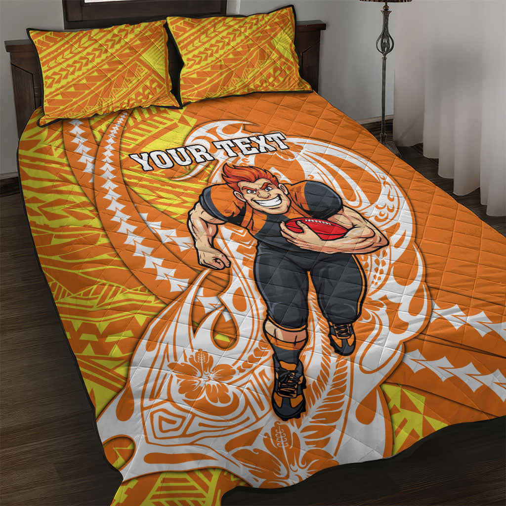 Personalized Greater Western Sydney Giants Quilt Bed Set Polynesian Tribal Giant Mascot With Hibiscus Floral Art