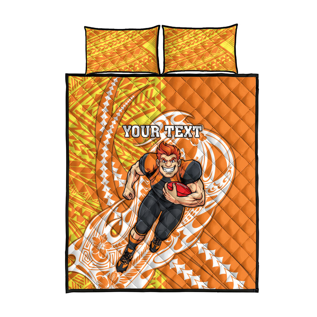 Personalized Greater Western Sydney Giants Quilt Bed Set Polynesian Tribal Giant Mascot With Hibiscus Floral Art