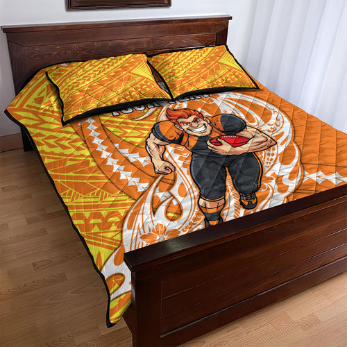 Personalized Greater Western Sydney Giants Quilt Bed Set Polynesian Tribal Giant Mascot With Hibiscus Floral Art