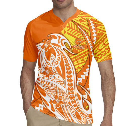 Personalized Greater Western Sydney Giants Rugby Jersey Polynesian Tribal Giant Mascot With Hibiscus Floral Art