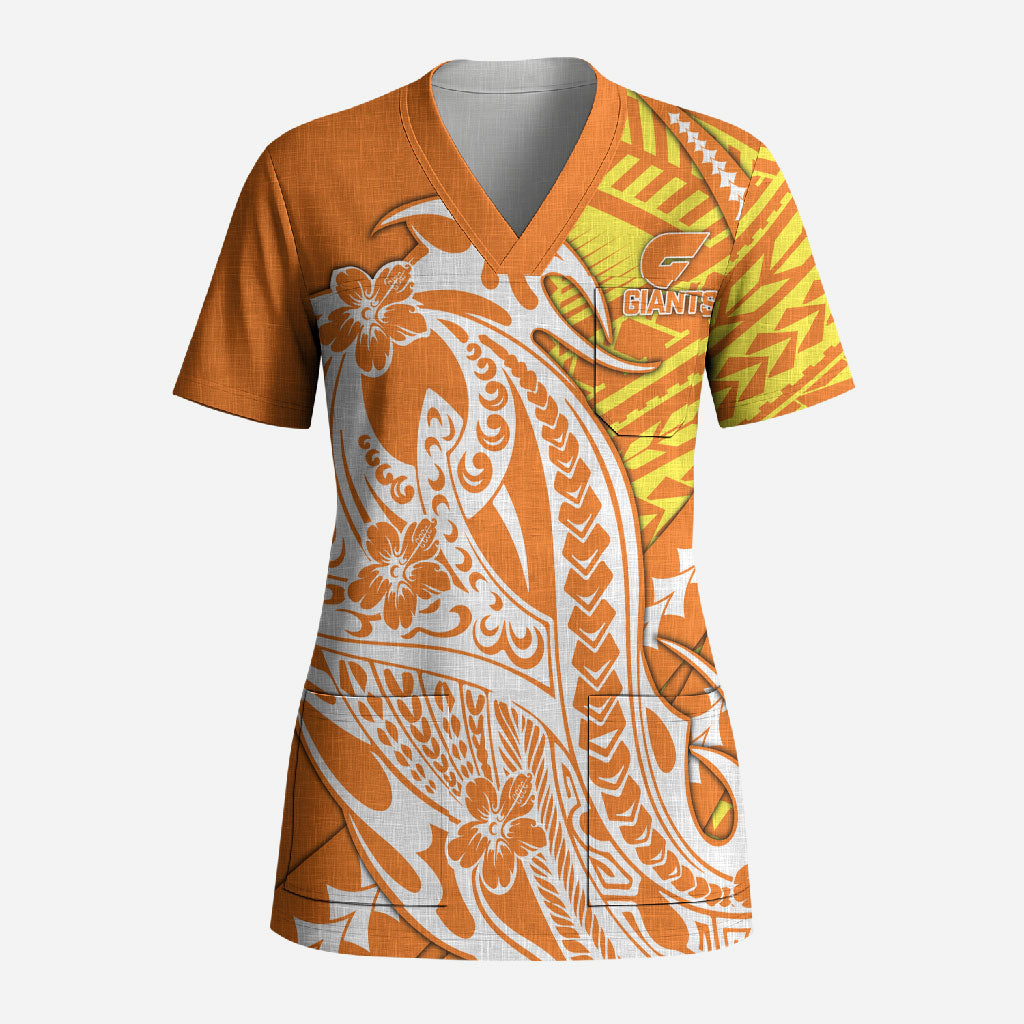 Personalized Greater Western Sydney Giants Scrub Top Polynesian Tribal Giant Mascot With Hibiscus Floral Art