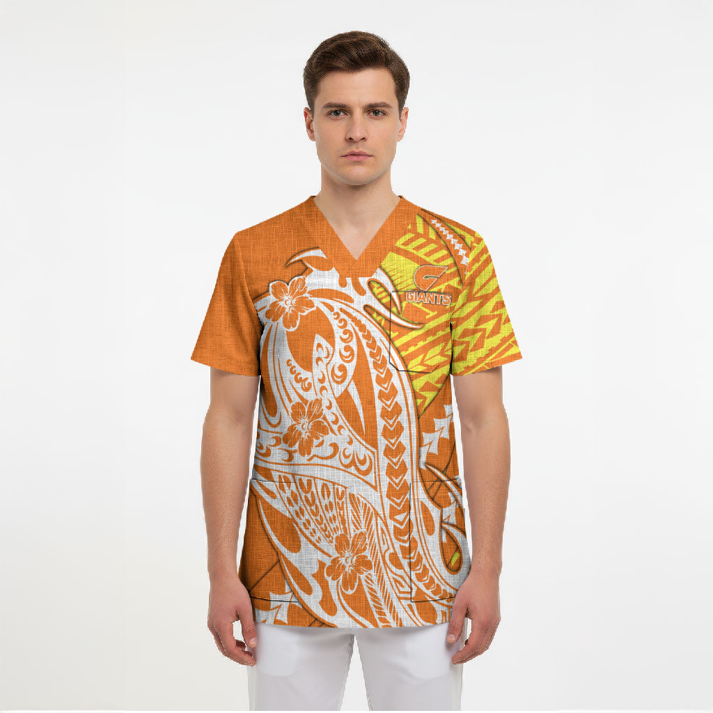 Personalized Greater Western Sydney Giants Scrub Top Polynesian Tribal Giant Mascot With Hibiscus Floral Art
