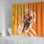 Personalized Greater Western Sydney Giants Shower Curtain Polynesian Tribal Giant Mascot With Hibiscus Floral Art