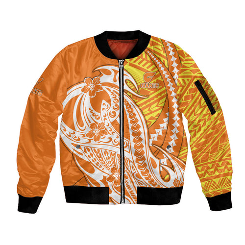 Personalized Greater Western Sydney Giants Sleeve Zip Bomber Jacket Polynesian Tribal Giant Mascot With Hibiscus Floral Art