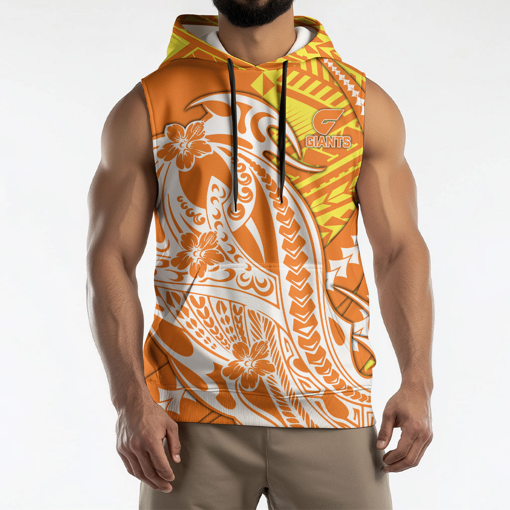 Personalized Greater Western Sydney Giants Sleeveless Hoodie Polynesian Tribal Giant Mascot With Hibiscus Floral Art